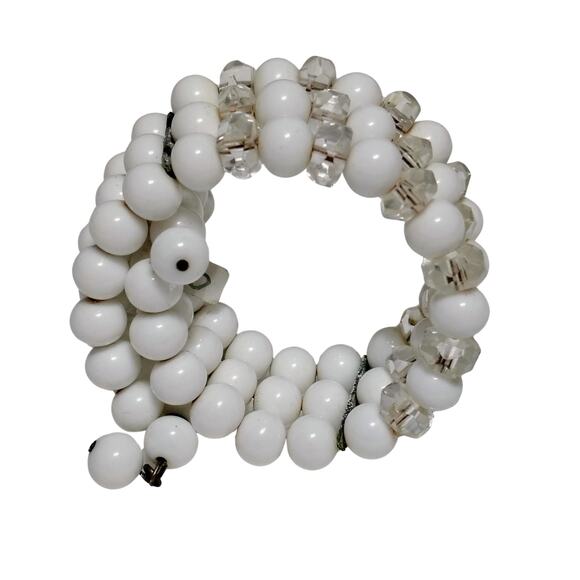 Antique White Glass & Crystal Bead Wire Strand Beaded Stiff Wire Cuff Bracelet - Picture 4 of 5